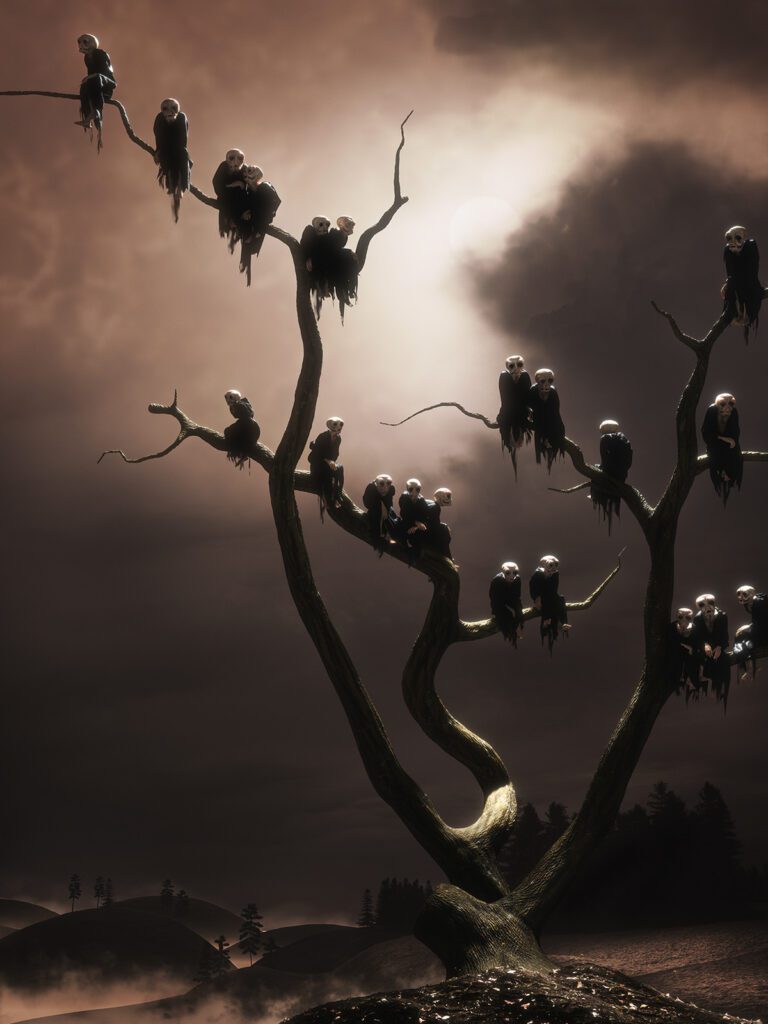 Ghosts on a Tree 3D by Jamie Sundance, original painting by Franz Sedlacek